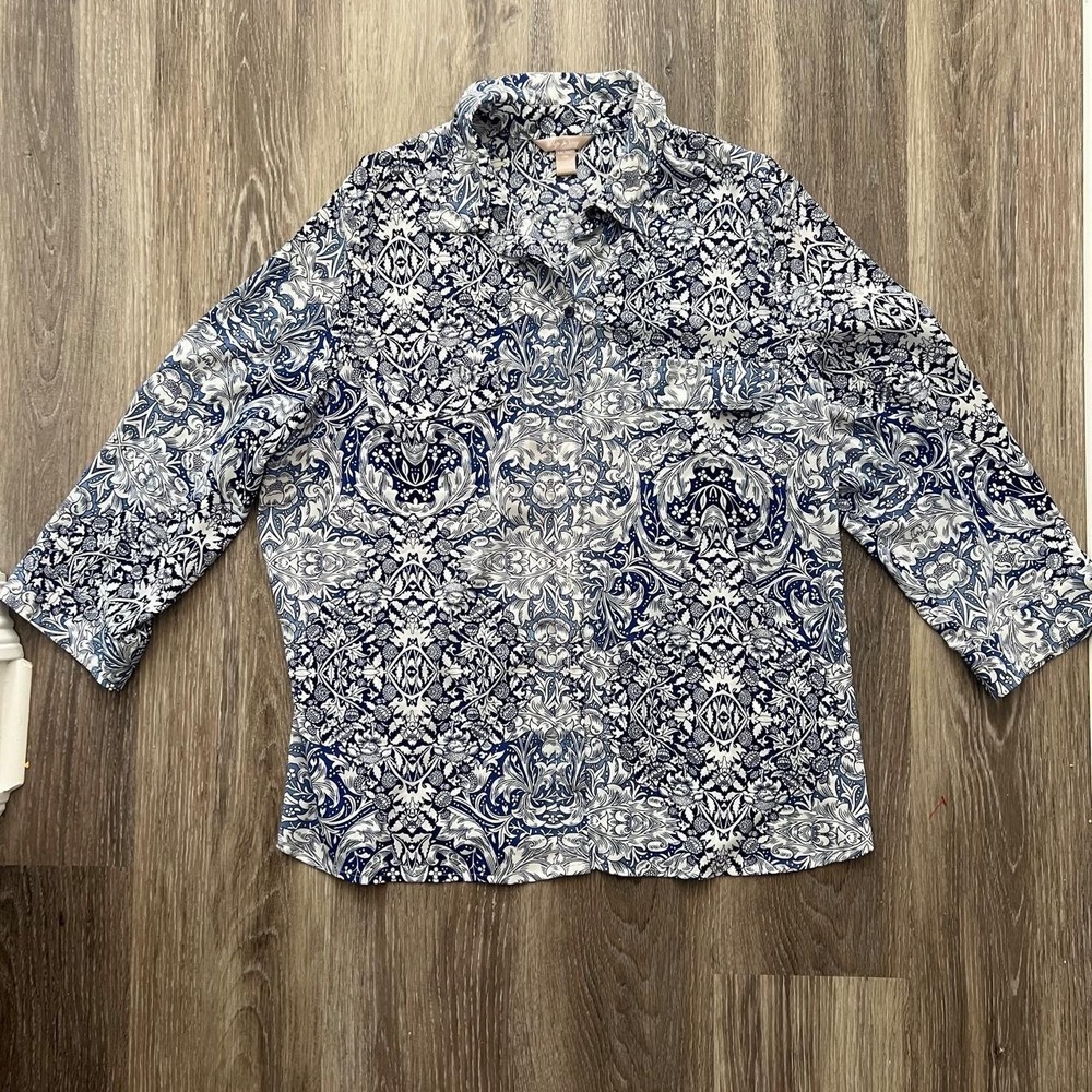 White Stag Womens XXL Blue White Damask Button Down Blouse Long Sleeve Top